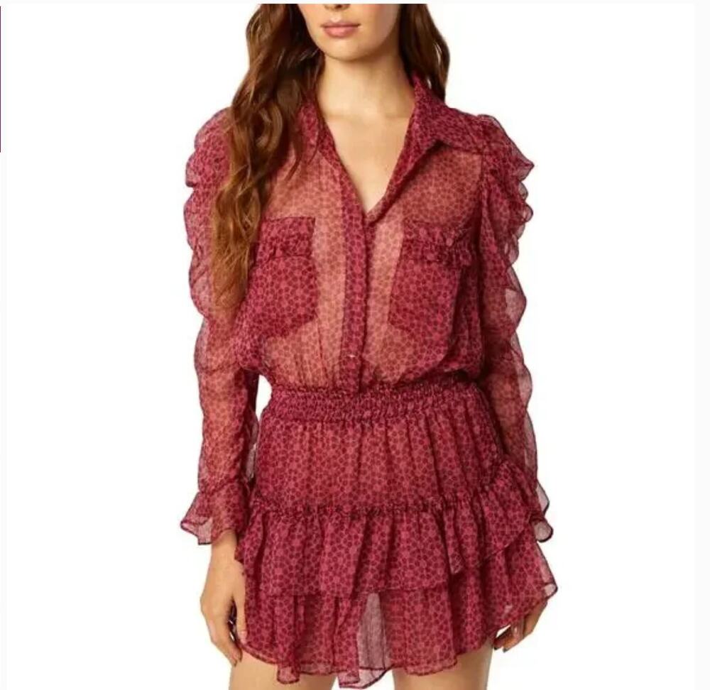 MISA Los Angeles S Anika Floral Chiffon Ruffle Mini Dress Sheer Red Coquette